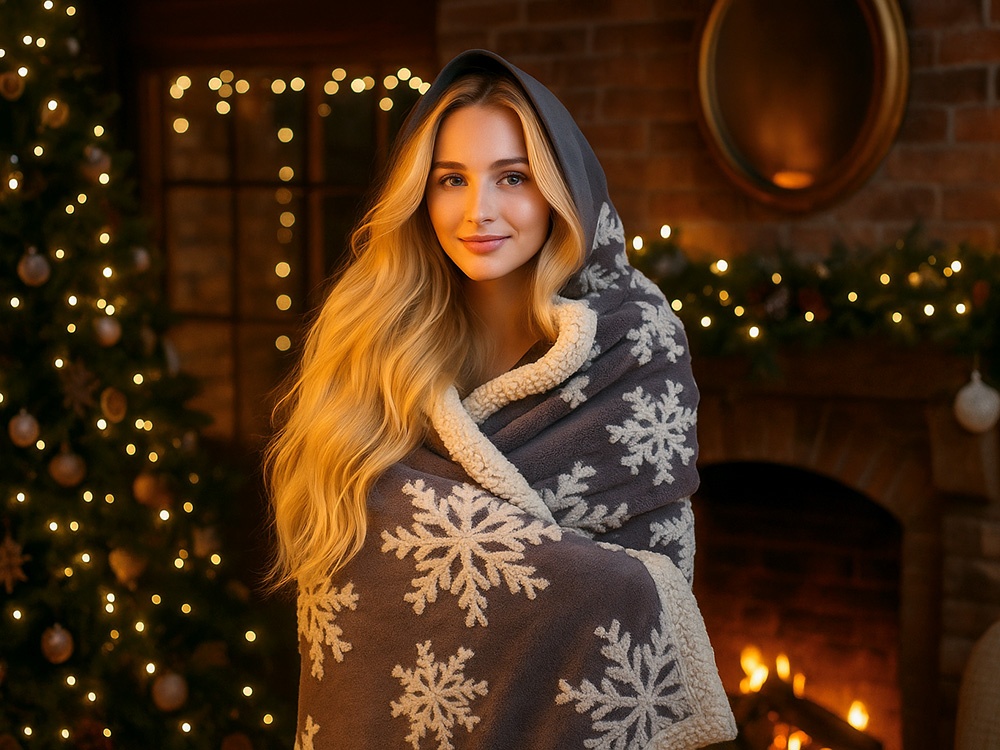 Плед Snowflake новогодний с капюшоном